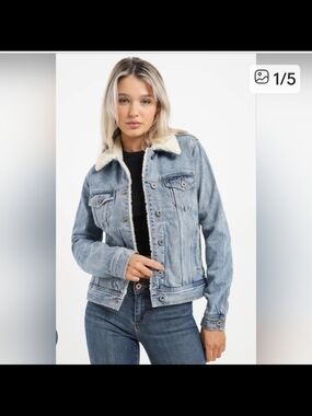 Articles Of Society Light Blue Denim Jacket with Cream Sherpa Collar